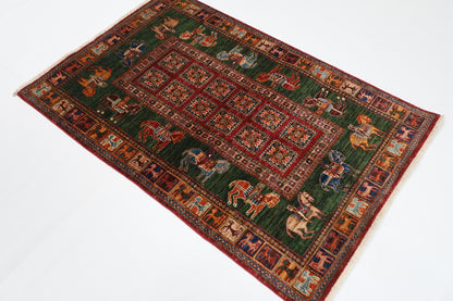 100 x 152 cm | Green Animal Area Rug Afghan Hand Knotted veg Dye Wool carpet