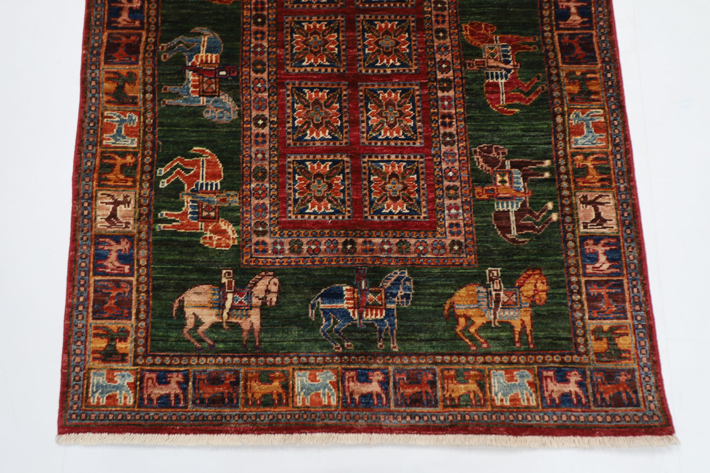 100 x 152 cm | Green Animal Area Rug Afghan Hand Knotted veg Dye Wool carpet