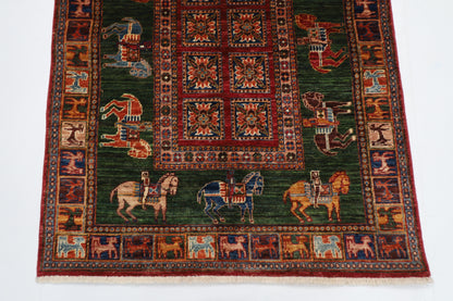 100 x 152 cm | Green Animal Area Rug Afghan Hand Knotted veg Dye Wool carpet