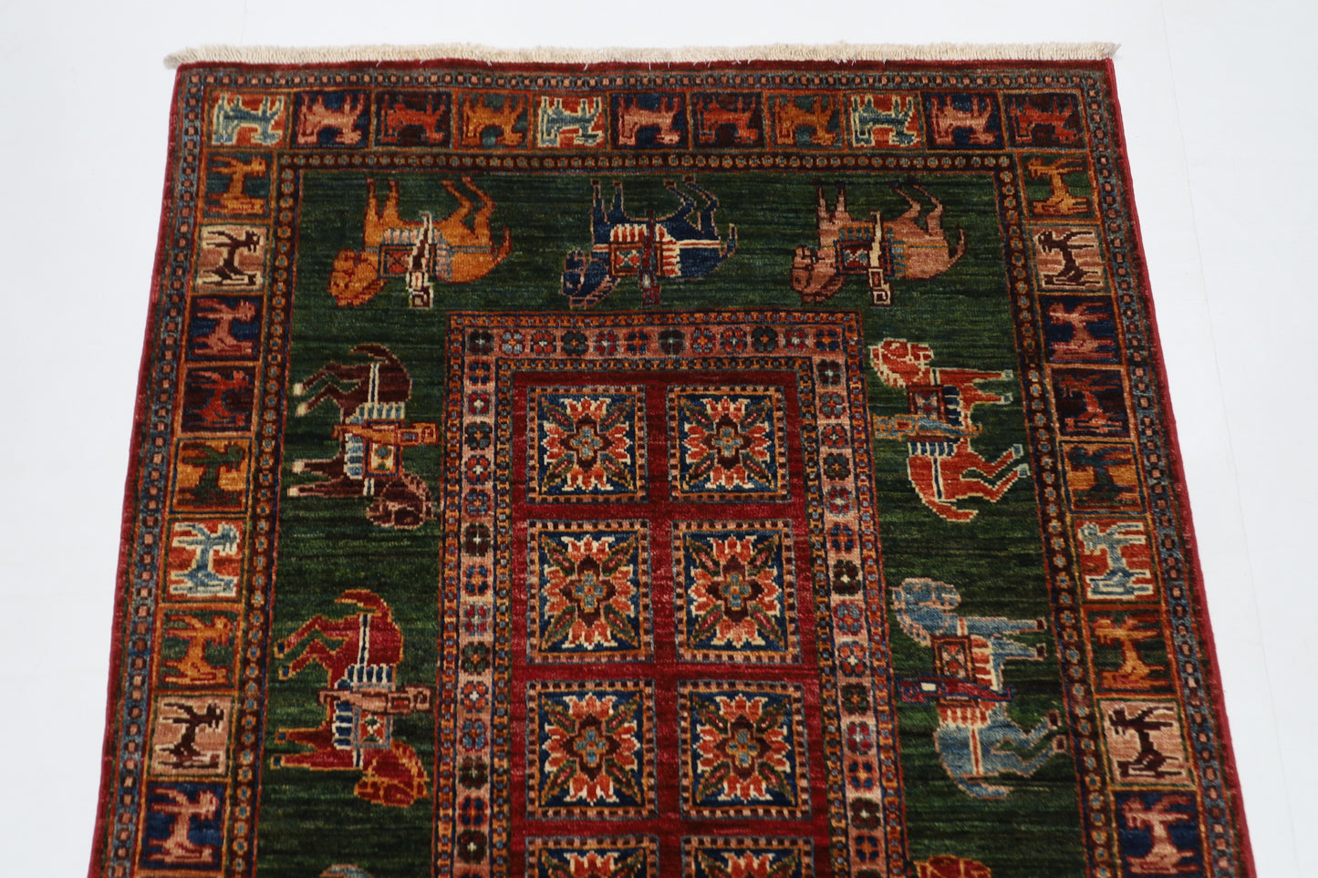 100 x 152 cm | Green Animal Area Rug Afghan Hand Knotted veg Dye Wool carpet