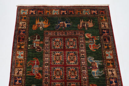 100 x 152 cm | Green Animal Area Rug Afghan Hand Knotted veg Dye Wool carpet