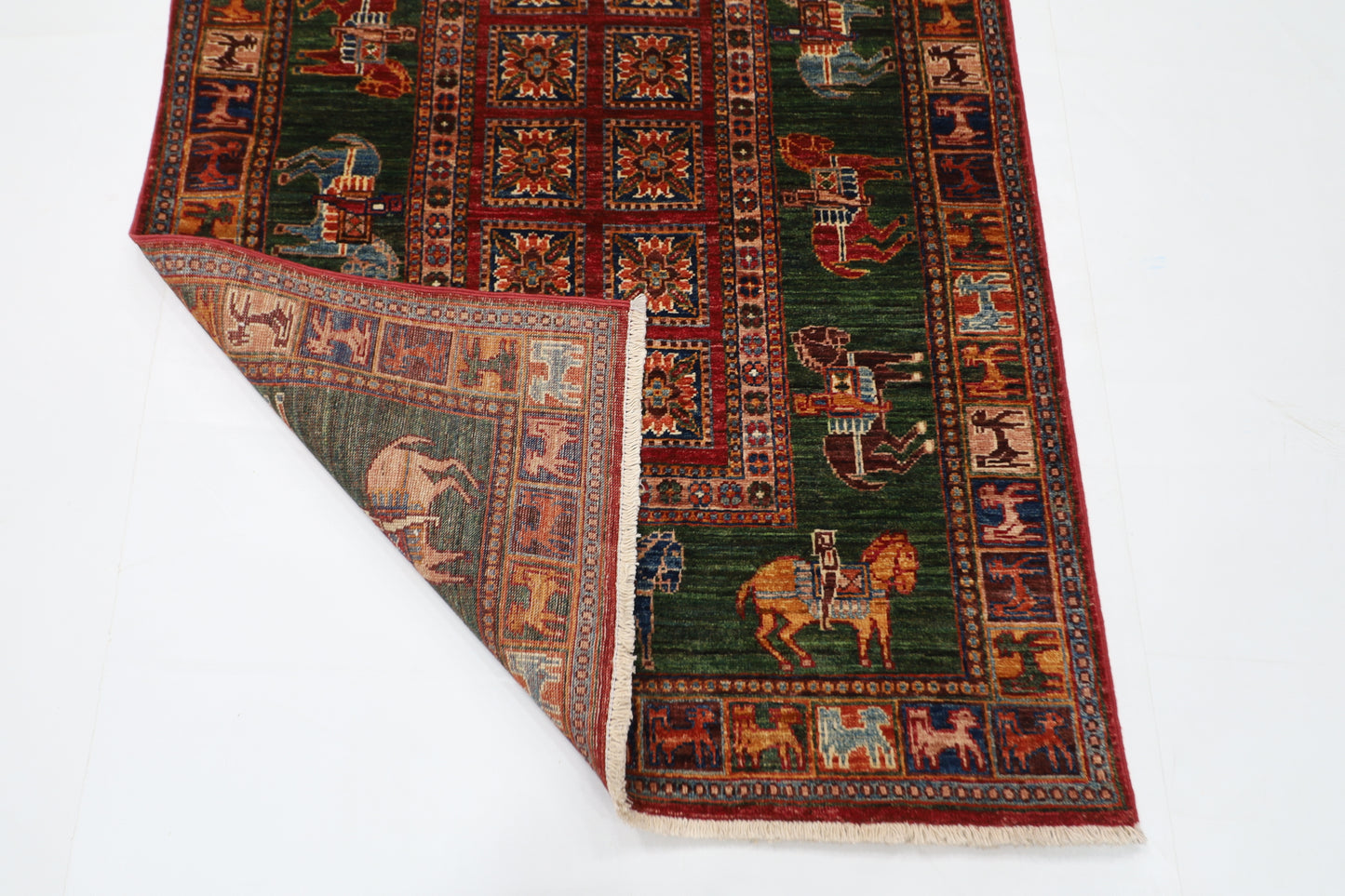 100 x 152 cm | Green Animal Area Rug Afghan Hand Knotted veg Dye Wool carpet