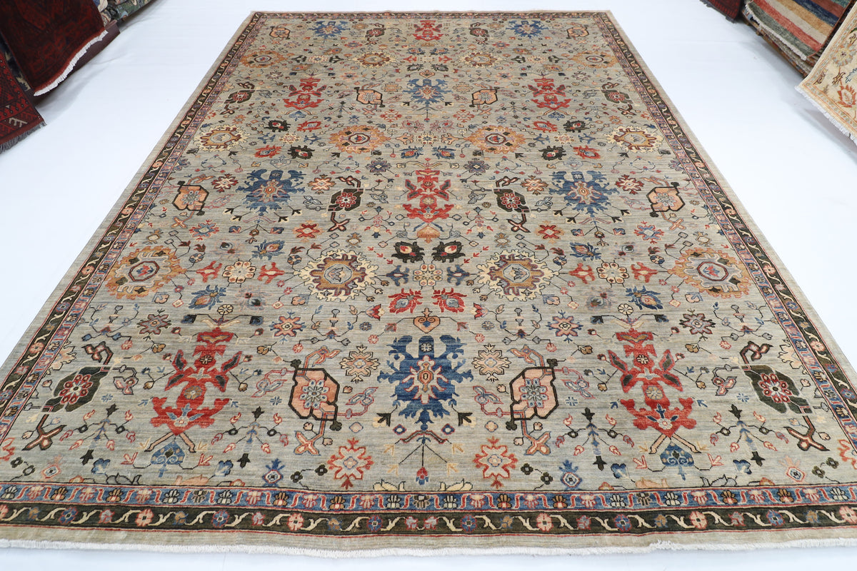 275 x 369 cm | Serapi Gray Design Hand Knotted veg Dye Wool Afghan Carpet