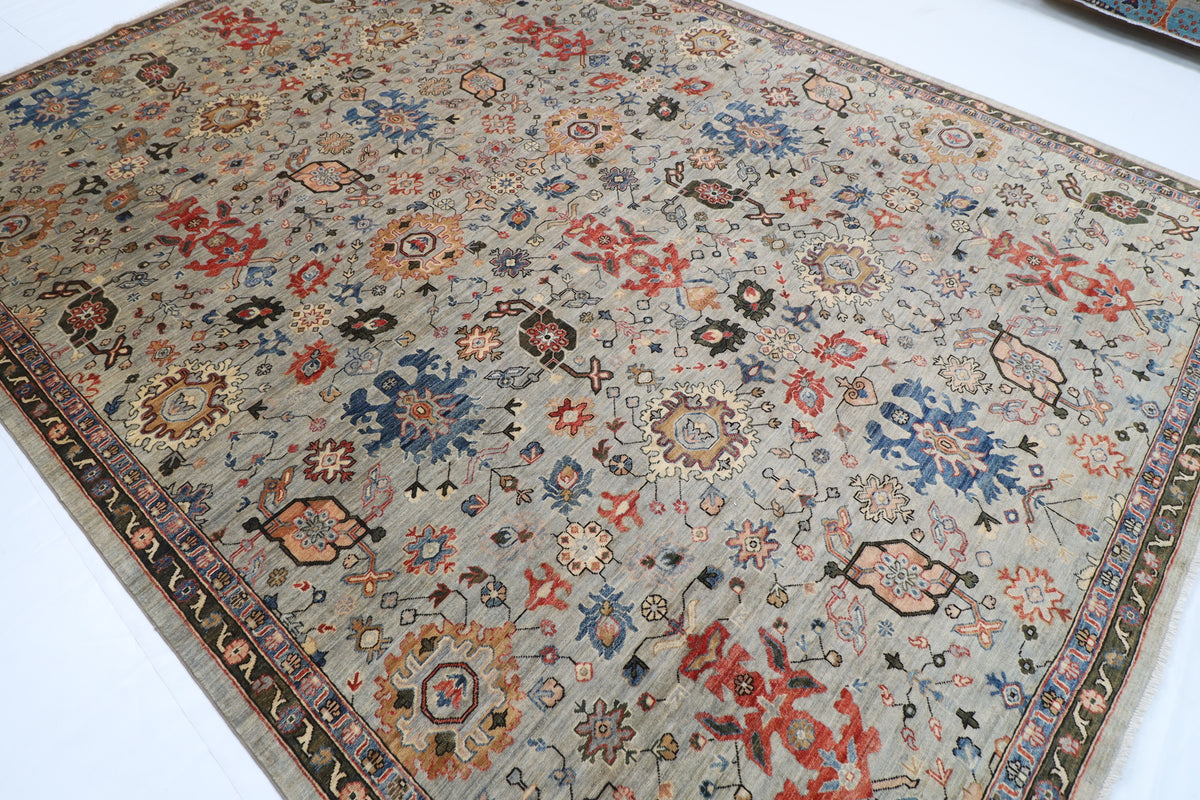 275 x 369 cm | Serapi Gray Design Hand Knotted veg Dye Wool Afghan Carpet