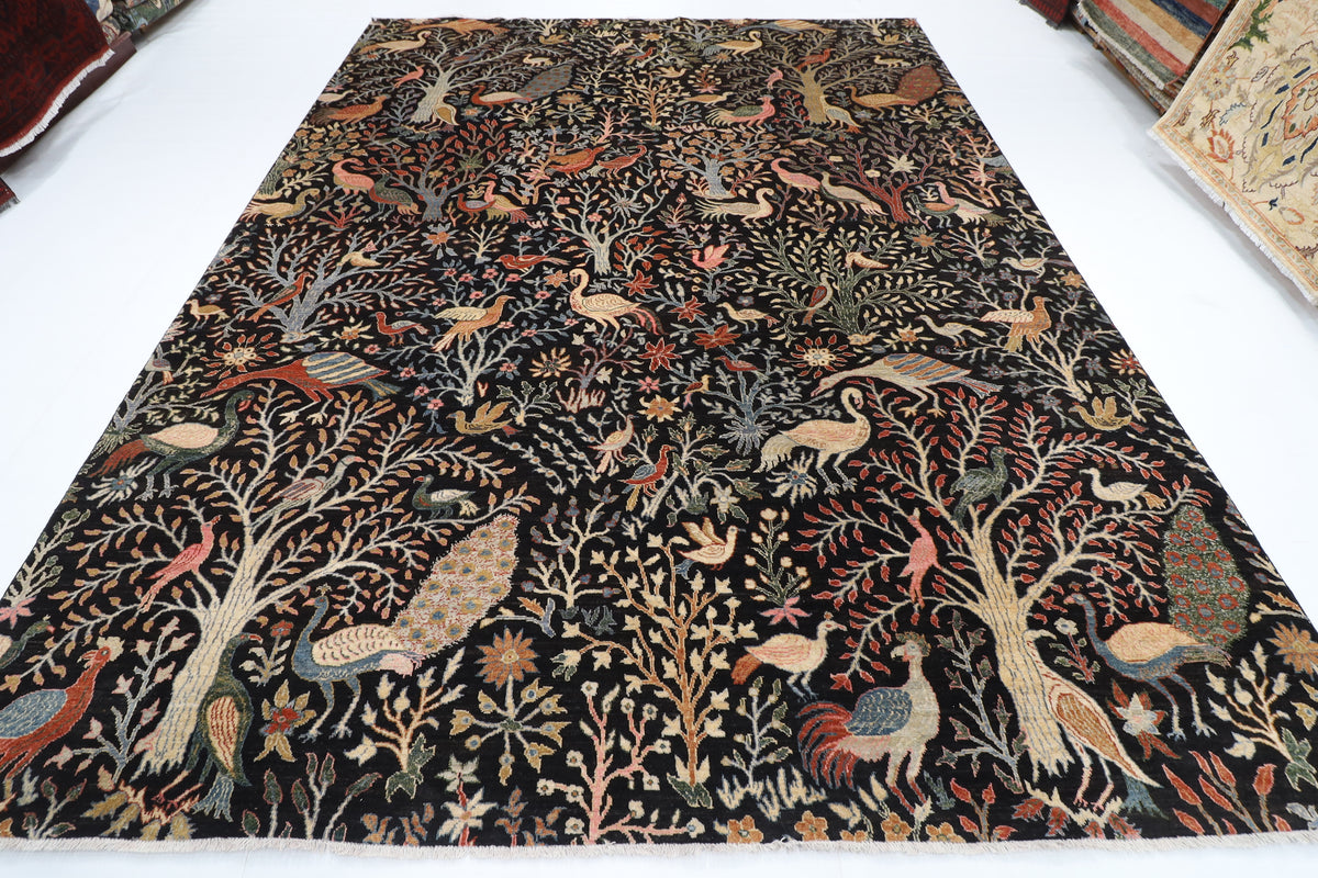 272 x 358 cm | Birds Black Design Hand Knotted veg Dye Wool Afghan Carpet