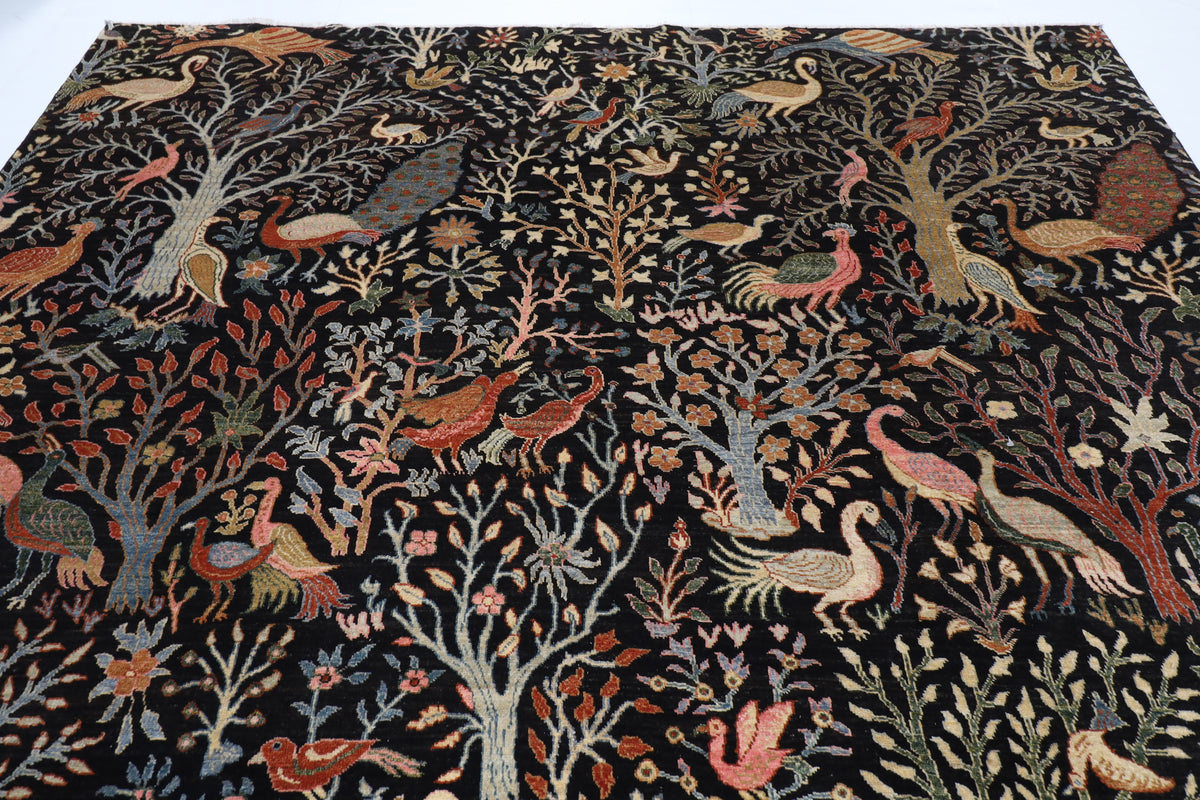 272 x 358 cm | Birds Black Design Hand Knotted veg Dye Wool Afghan Carpet