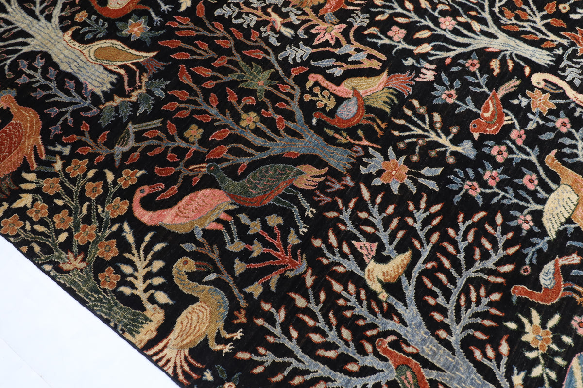 272 x 358 cm | Birds Black Design Hand Knotted veg Dye Wool Afghan Carpet