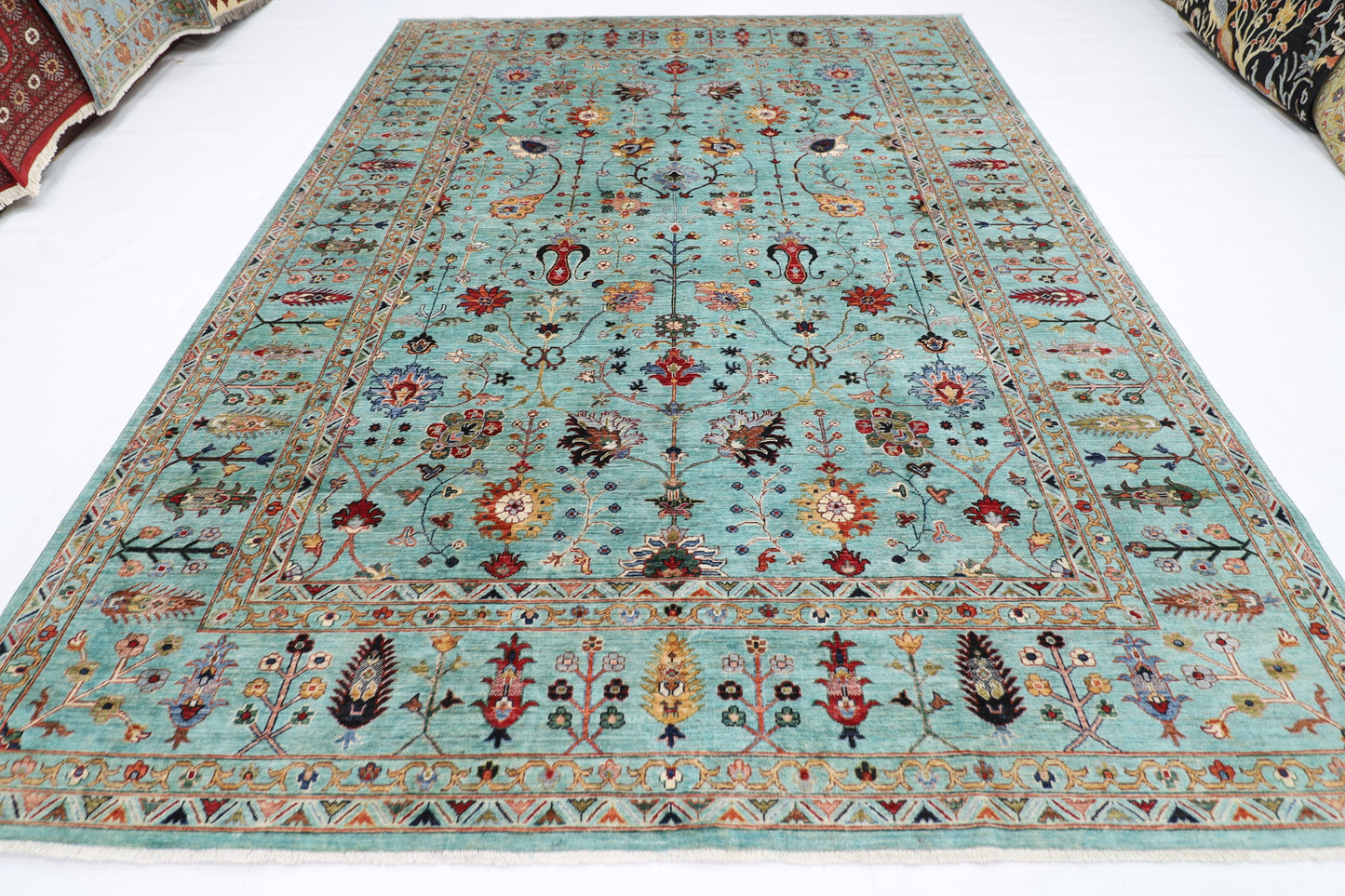 271 x 363 cm | Sultani Turquoise Afghan Tribal Hand Knotted Veg Dye Wool carpet