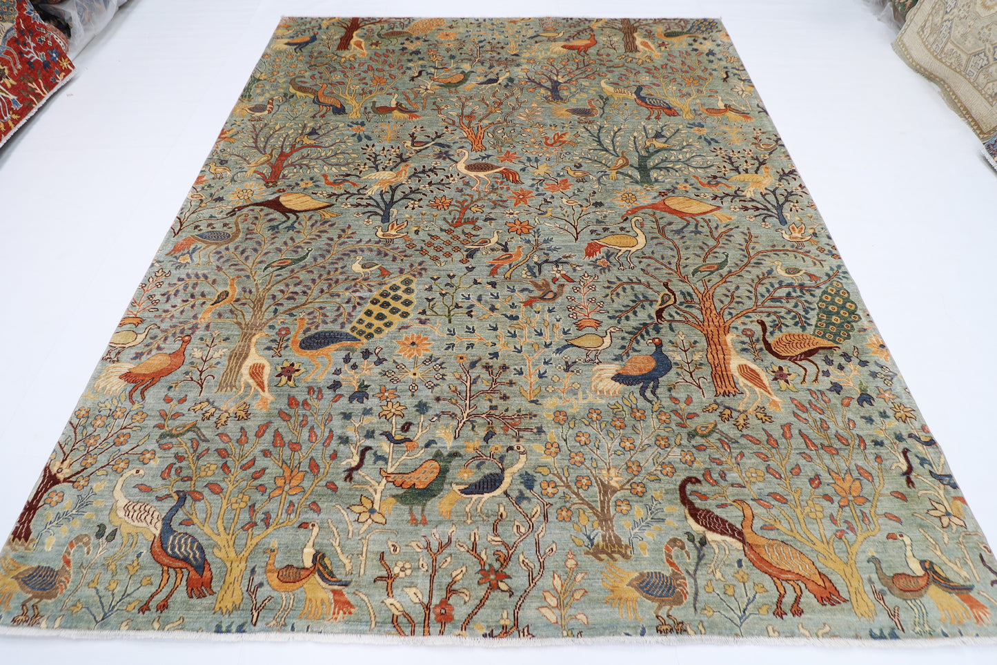 247 x 300 cm | Birds Gray Area Rug Afghan Hand Knotted Veg Dye Wool carpet