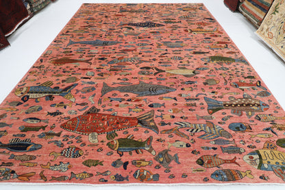 302 x 418 cm | Tribal Fish Pink Design Hand Knotted veg Dye Wool Afghan Carpet