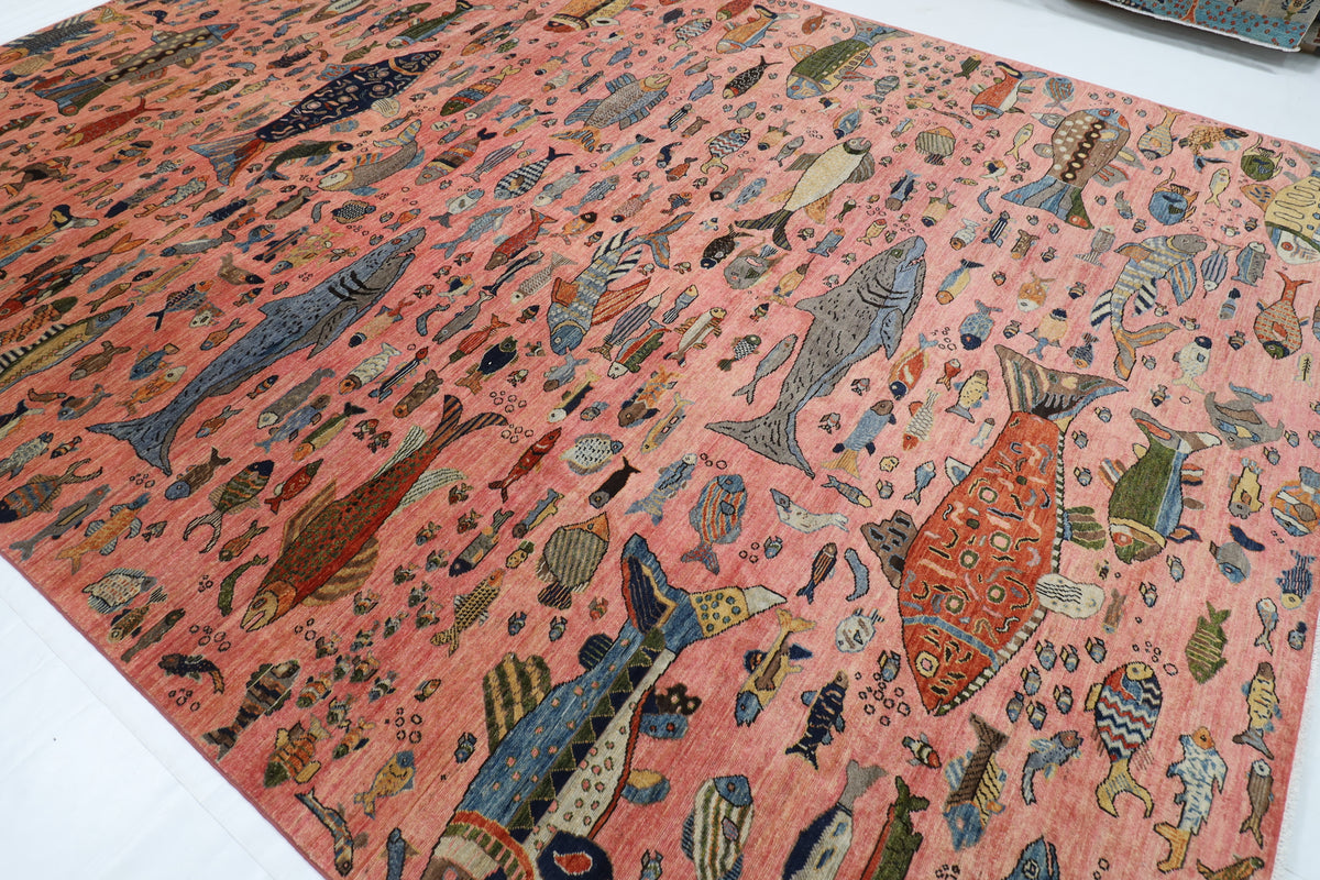 302 x 418 cm | Tribal Fish Pink Design Hand Knotted veg Dye Wool Afghan Carpet