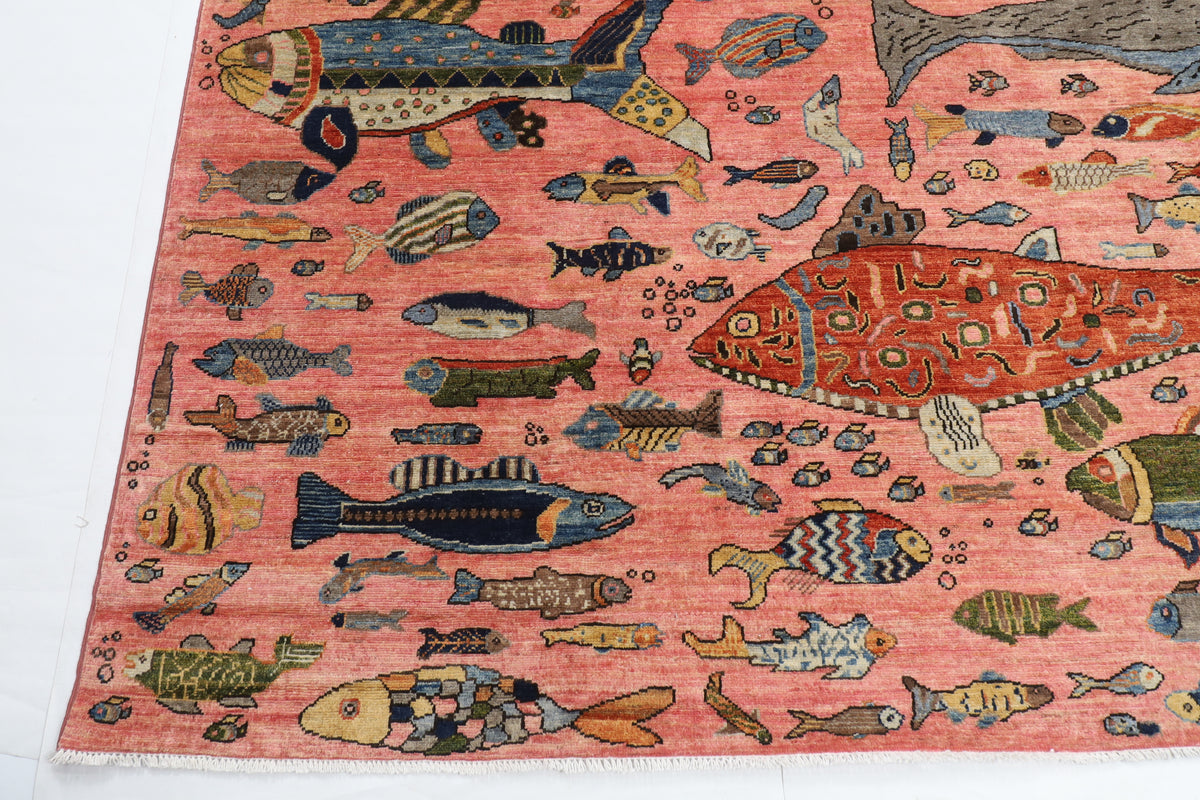 302 x 418 cm | Tribal Fish Pink Design Hand Knotted veg Dye Wool Afghan Carpet