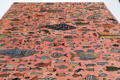 302 x 418 cm | Tribal Fish Pink Design Hand Knotted veg Dye Wool Afghan Carpet