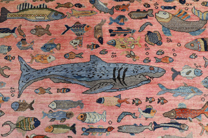 302 x 418 cm | Tribal Fish Pink Design Hand Knotted veg Dye Wool Afghan Carpet