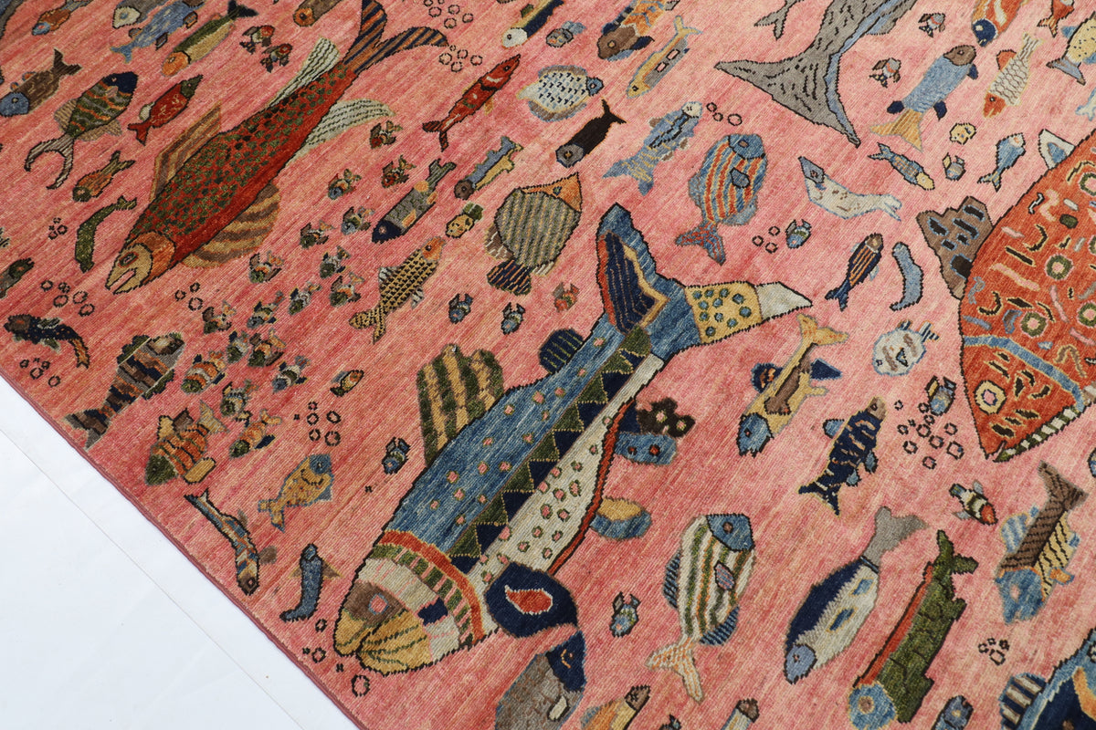 302 x 418 cm | Tribal Fish Pink Design Hand Knotted veg Dye Wool Afghan Carpet