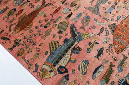 302 x 418 cm | Tribal Fish Pink Design Hand Knotted veg Dye Wool Afghan Carpet