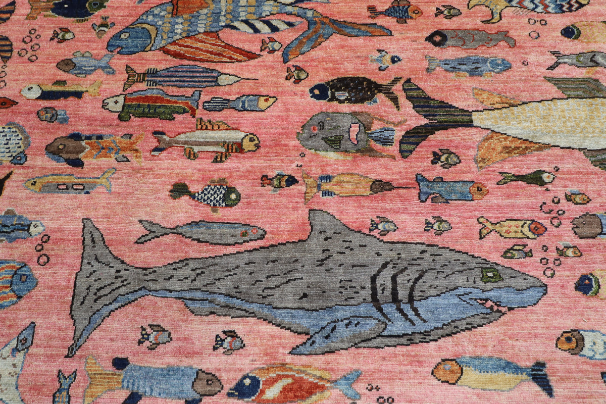 302 x 418 cm | Tribal Fish Pink Design Hand Knotted veg Dye Wool Afghan Carpet