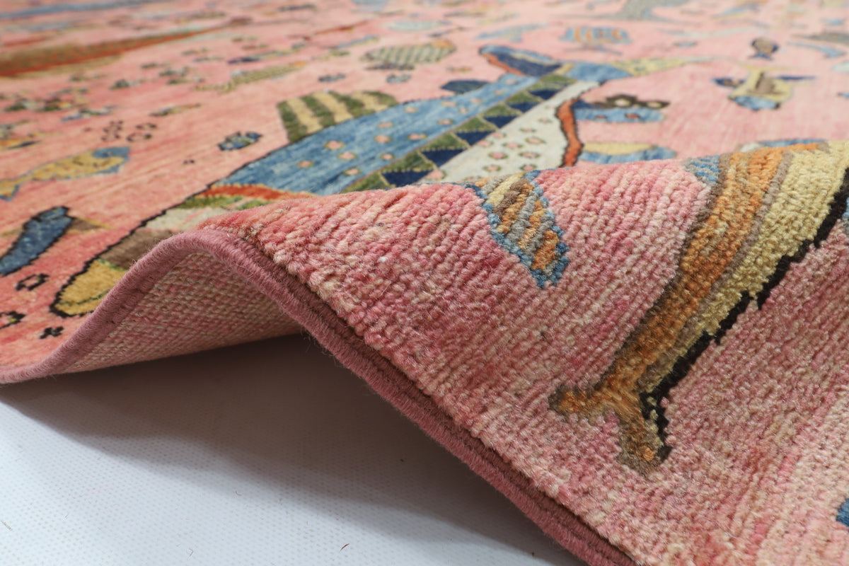 302 x 418 cm | Tribal Fish Pink Design Hand Knotted veg Dye Wool Afghan Carpet