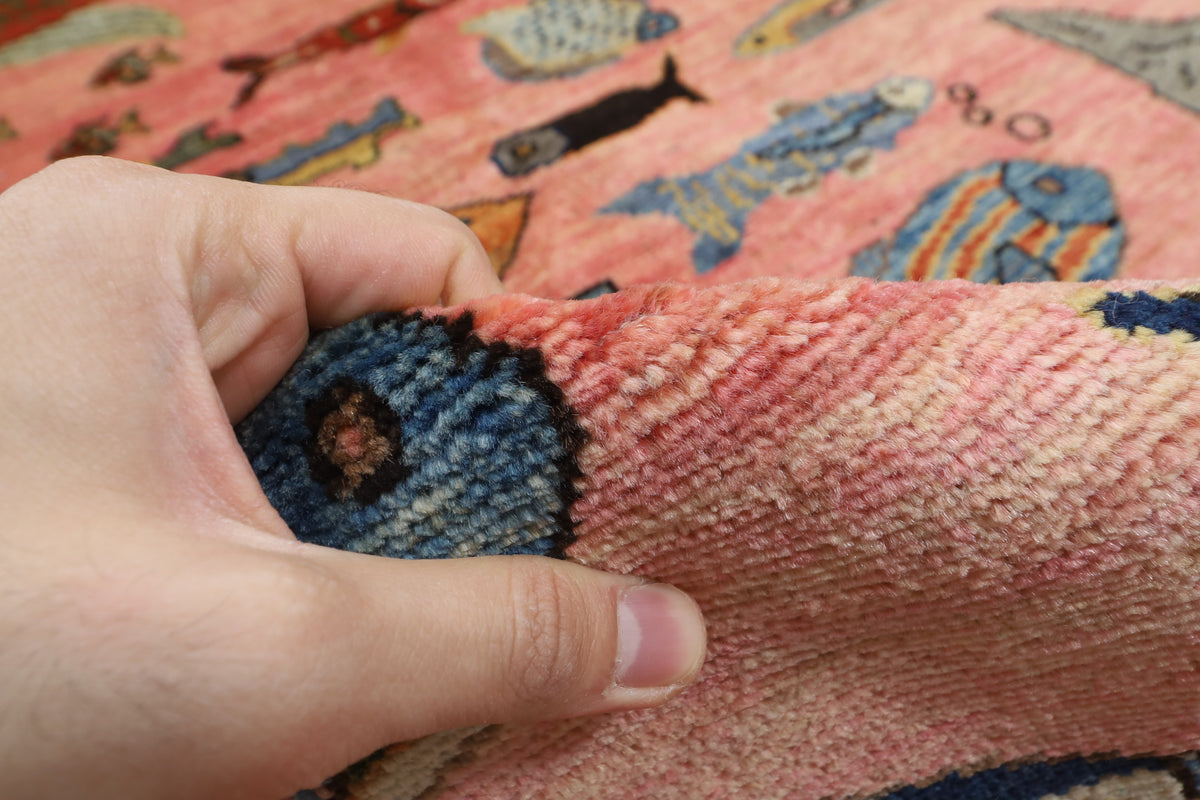 302 x 418 cm | Tribal Fish Pink Design Hand Knotted veg Dye Wool Afghan Carpet