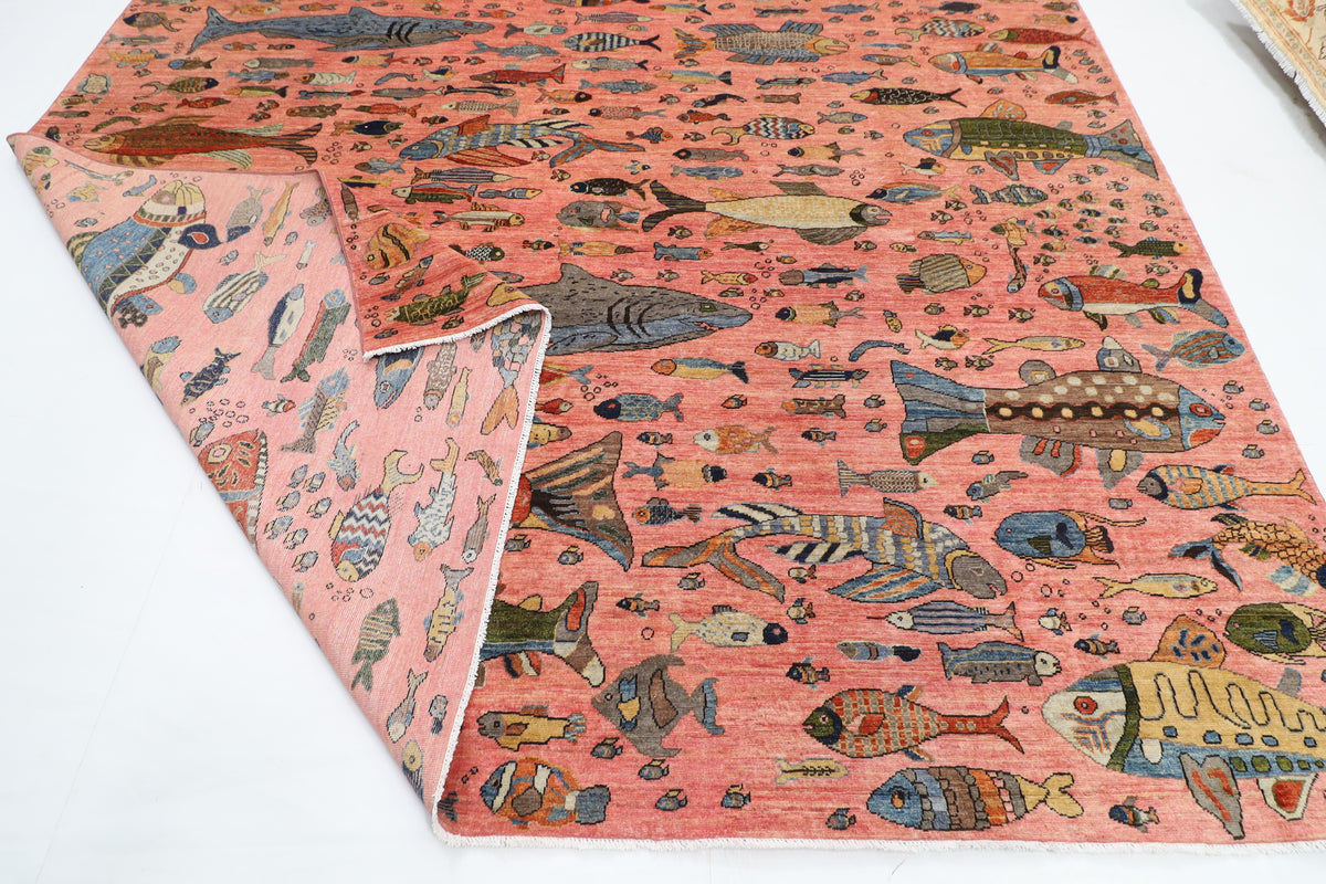 302 x 418 cm | Tribal Fish Pink Design Hand Knotted veg Dye Wool Afghan Carpet