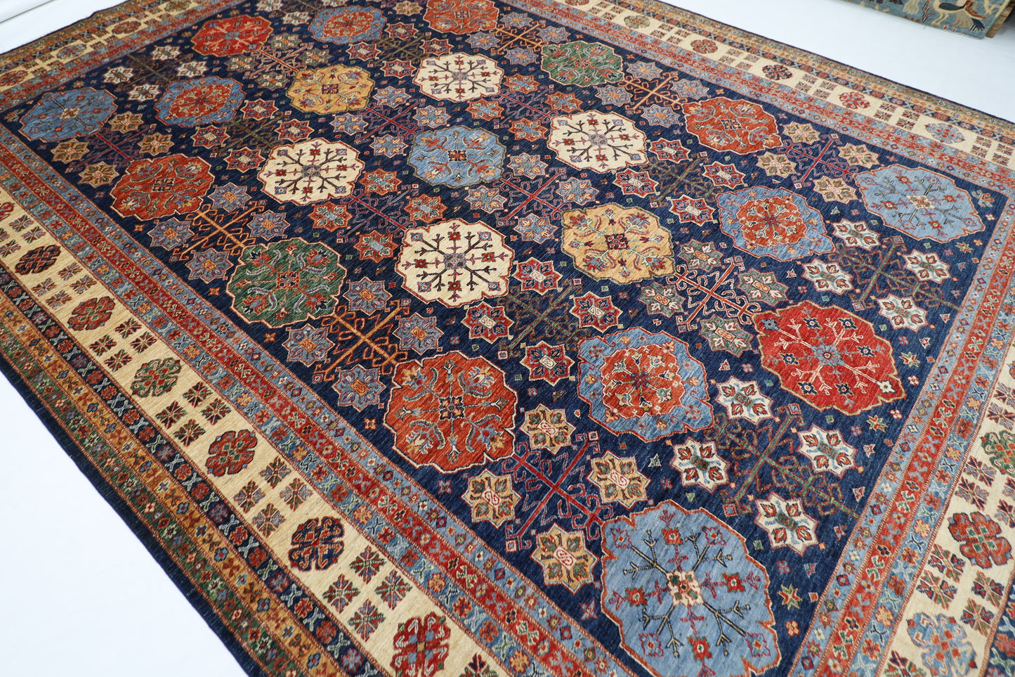 302 x 424 cm | Kazak Blue Large Area Rug Afghan Hand Knotted Veg Dye Wool carpet