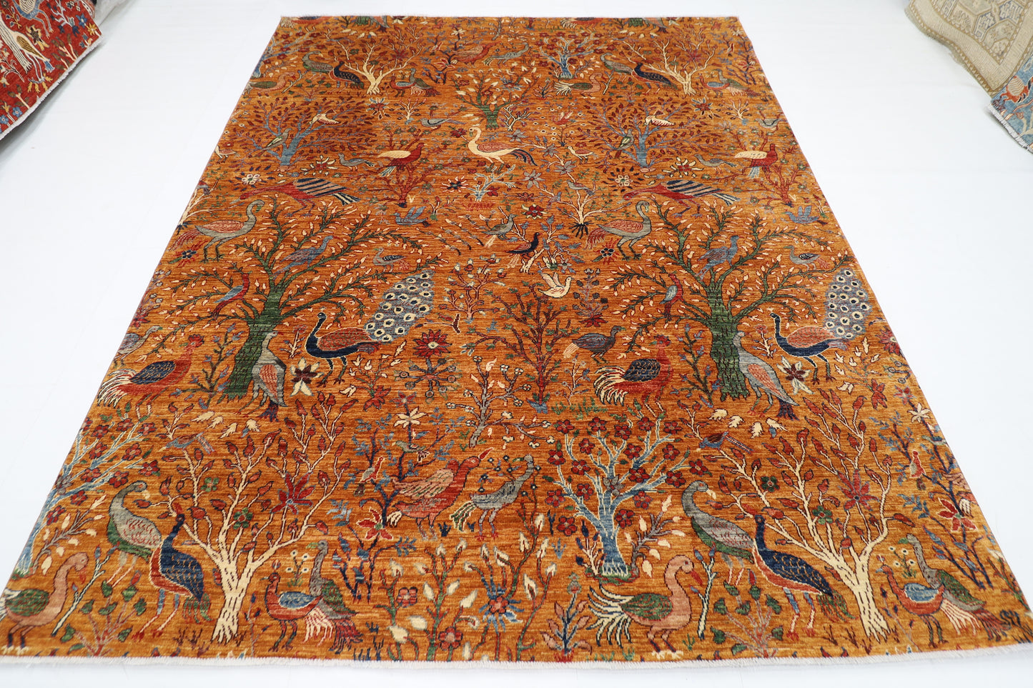 242 x 295 cm | Birds Gold Area Rug Afghan Hand Knotted Veg Dye Wool carpet