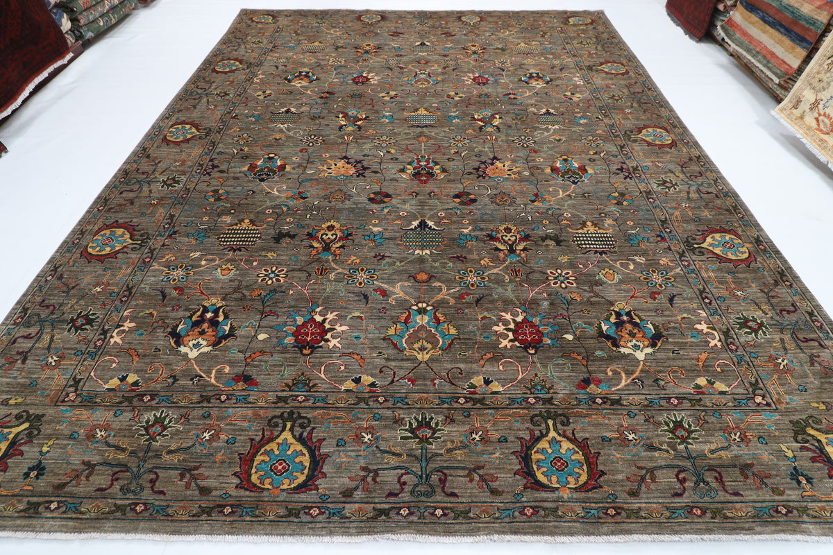 296 x 389 cm | Sultani Gray Design Hand Knotted veg Dye Wool Afghan Carpet