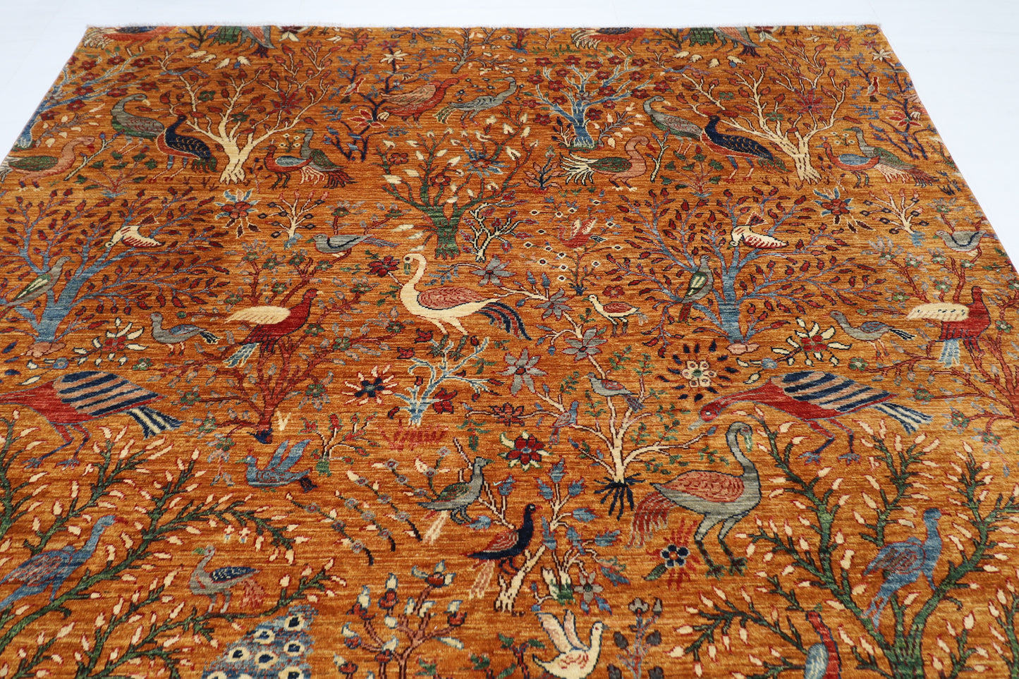 242 x 295 cm | Birds Gold Area Rug Afghan Hand Knotted Veg Dye Wool carpet