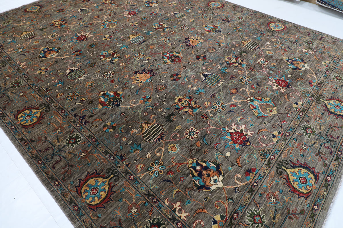 296 x 389 cm | Sultani Gray Design Hand Knotted veg Dye Wool Afghan Carpet