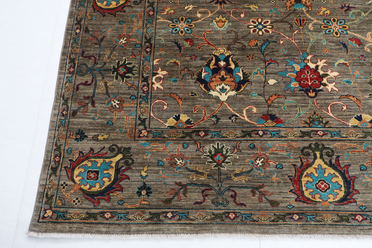 296 x 389 cm | Sultani Gray Design Hand Knotted veg Dye Wool Afghan Carpet