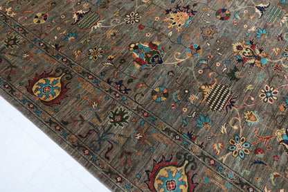296 x 389 cm | Sultani Gray Design Hand Knotted veg Dye Wool Afghan Carpet