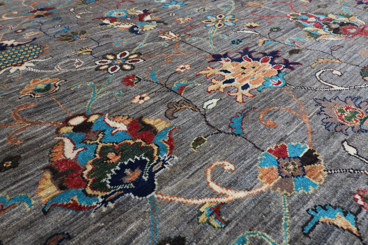 296 x 389 cm | Sultani Gray Design Hand Knotted veg Dye Wool Afghan Carpet