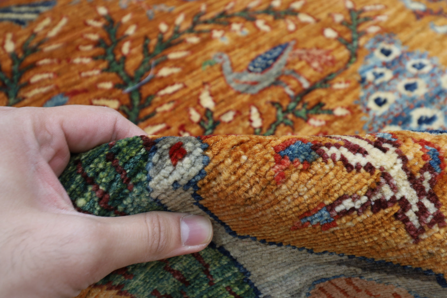 242 x 295 cm | Birds Gold Area Rug Afghan Hand Knotted Veg Dye Wool carpet