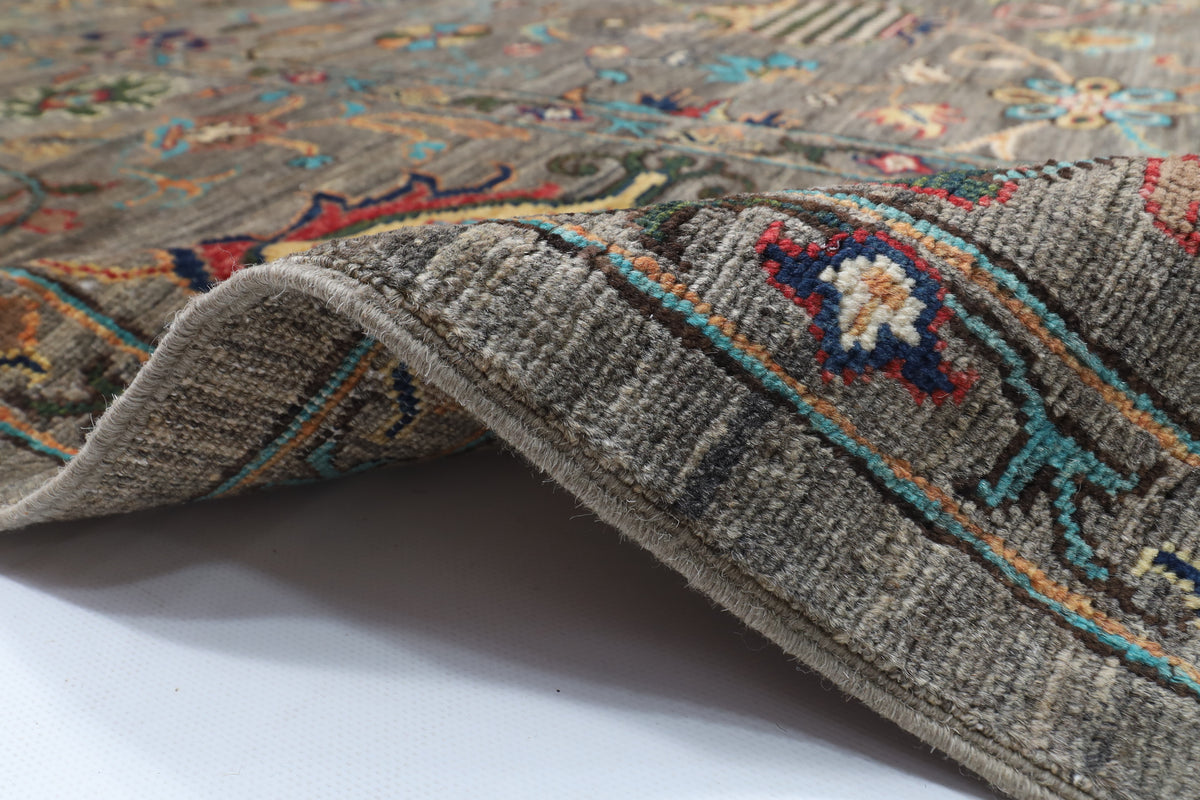 296 x 389 cm | Sultani Gray Design Hand Knotted veg Dye Wool Afghan Carpet