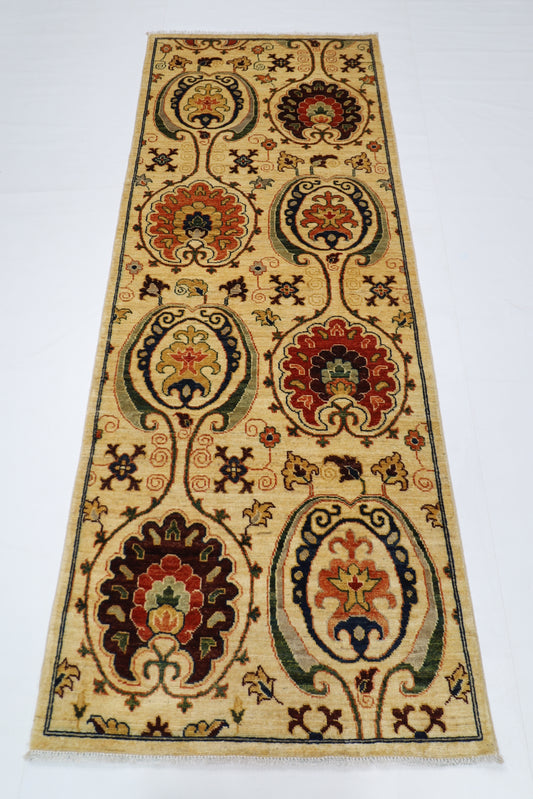 92 x 240 cm | Suzani beige Runner Rug Afghan Hand Knotted veg Dye Wool carpet