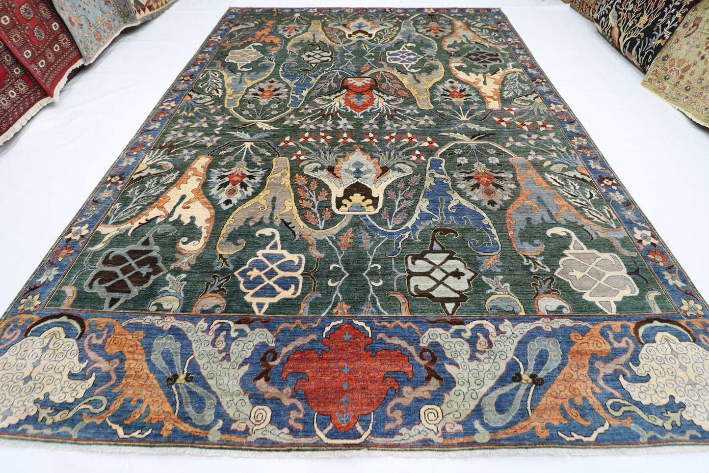 298 x 416 cm | Kawros Green Afghan Tribal Hand Knotted Veg Dye Wool carpet