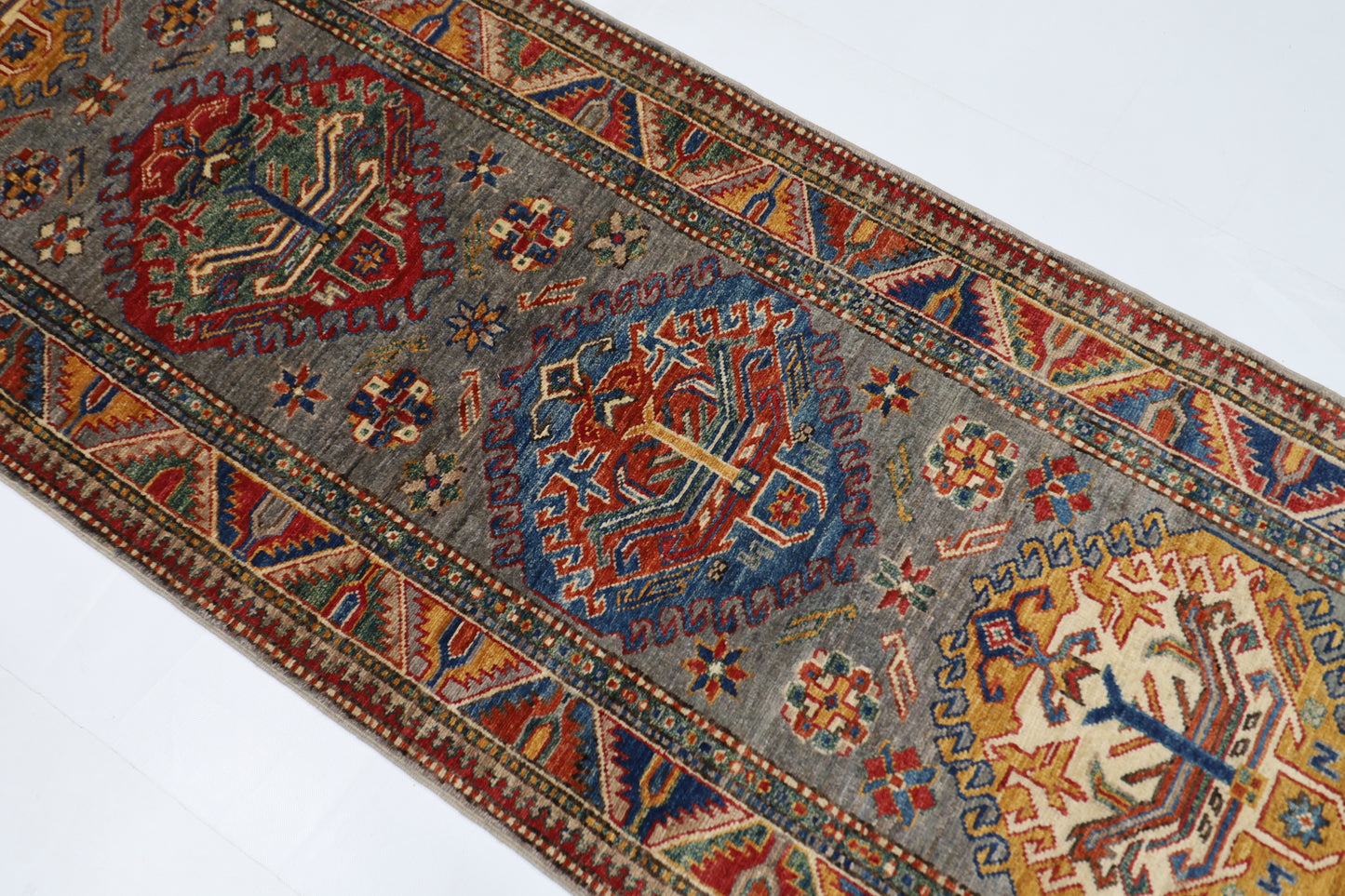 76 x 224 cm | Kazak Gray Runner Rug Afghan Hand Knotted veg Dye Wool carpet