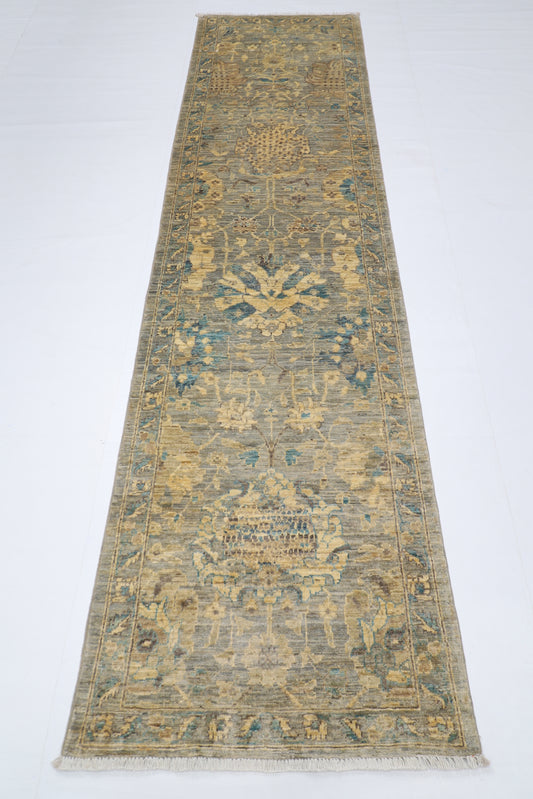 78 x 298 cm | Floral Gray Runner Rug Afghan Hand Knotted veg Dye Wool carpet