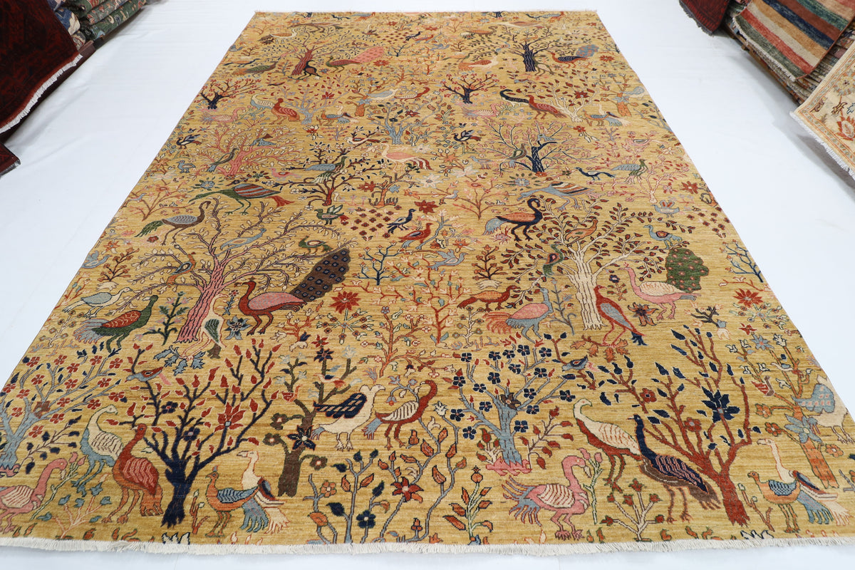 272 x 355 cm | Birds Yellow Design Hand Knotted veg Dye Wool Afghan Carpet