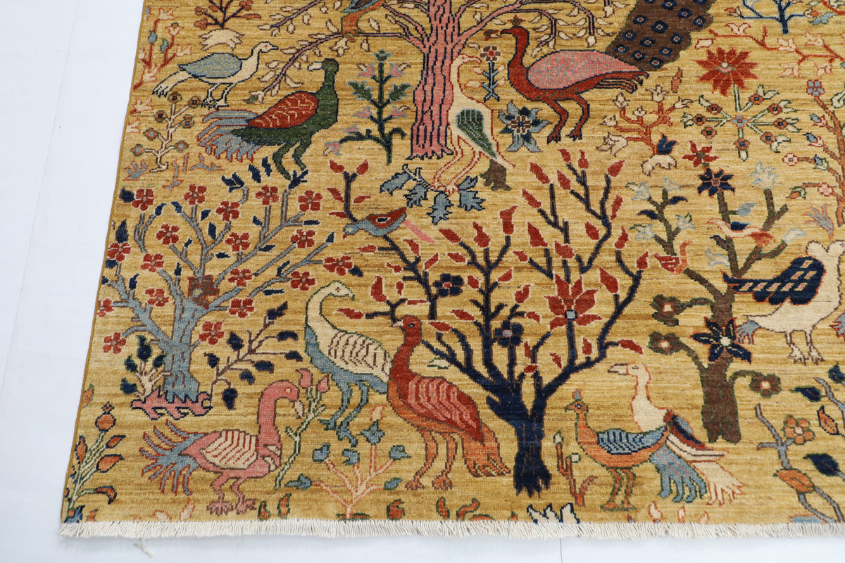 272 x 355 cm | Birds Yellow Design Hand Knotted veg Dye Wool Afghan Carpet