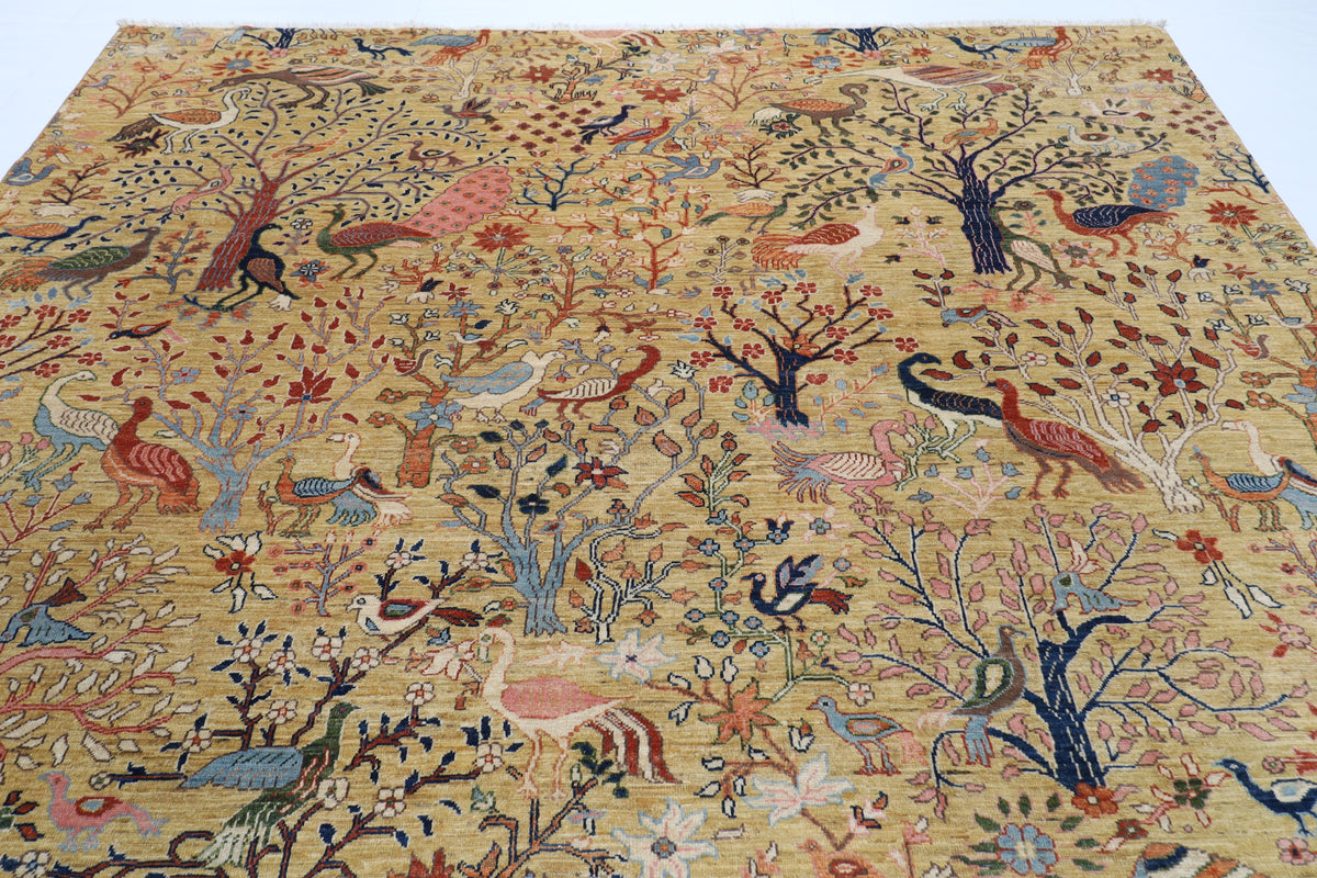 272 x 355 cm | Birds Yellow Design Hand Knotted veg Dye Wool Afghan Carpet