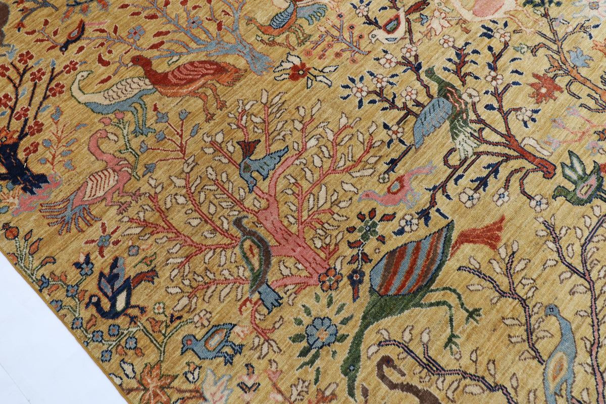 272 x 355 cm | Birds Yellow Design Hand Knotted veg Dye Wool Afghan Carpet