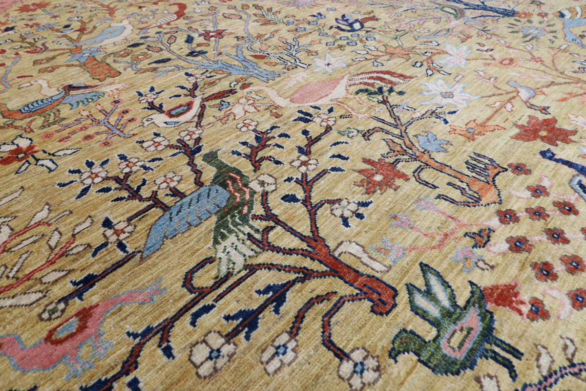 272 x 355 cm | Birds Yellow Design Hand Knotted veg Dye Wool Afghan Carpet