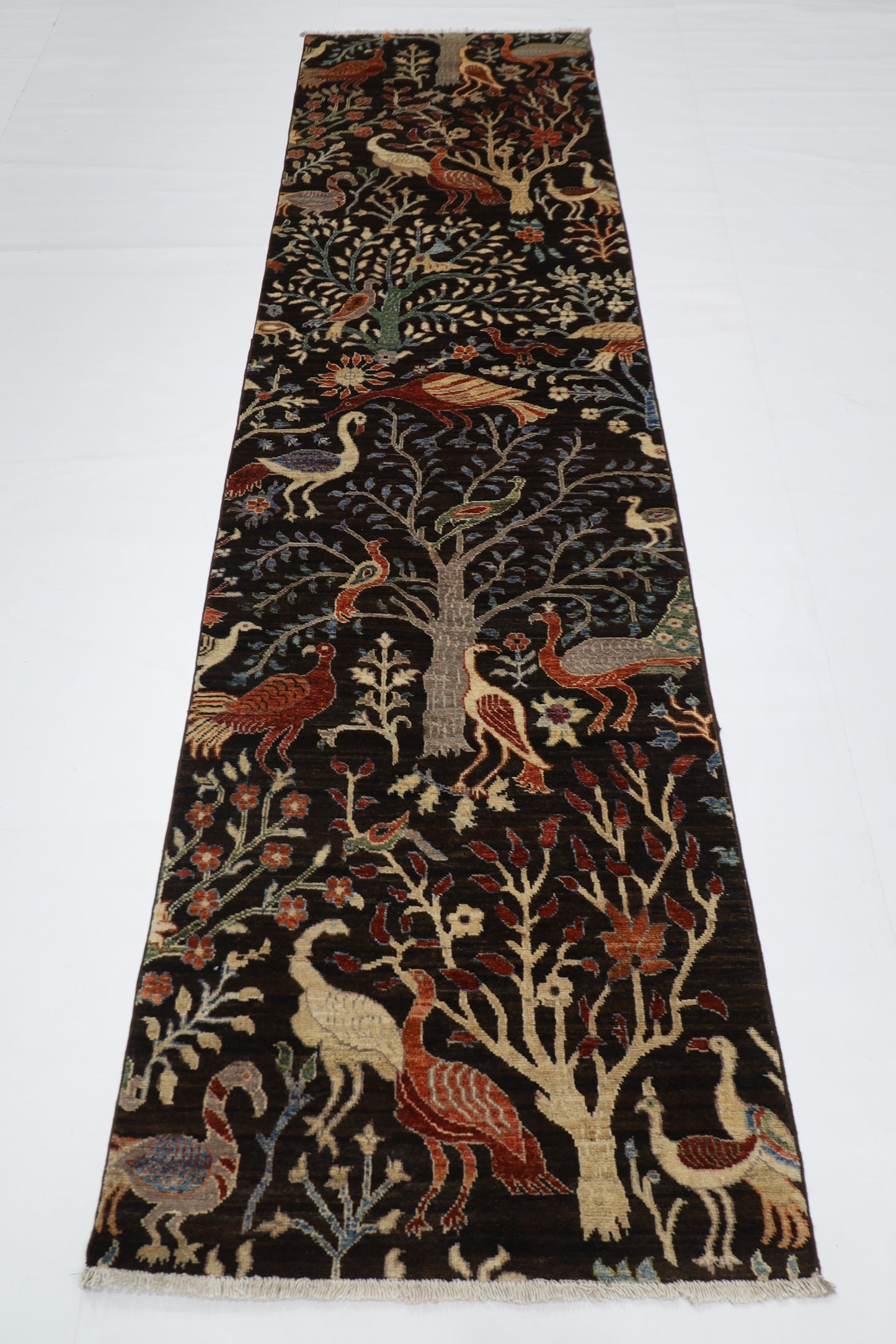 82 x 299 cm | Birds Black Runner Rug Afghan Hand Knotted veg Dye Wool carpet