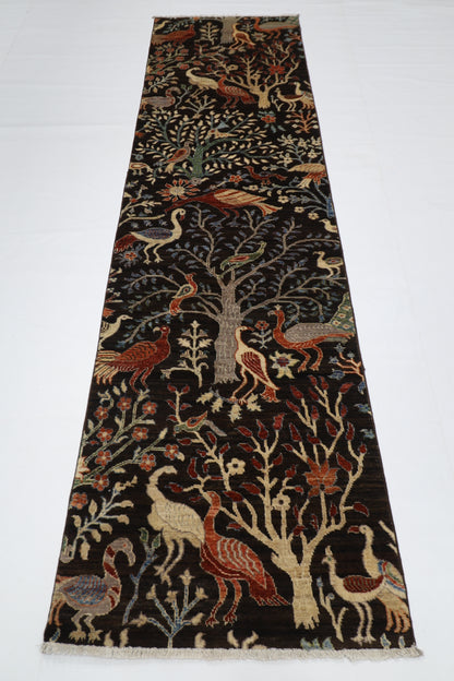 82 x 299 cm | Birds Black Runner Rug Afghan Hand Knotted veg Dye Wool carpet