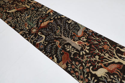 82 x 299 cm | Birds Black Runner Rug Afghan Hand Knotted veg Dye Wool carpet