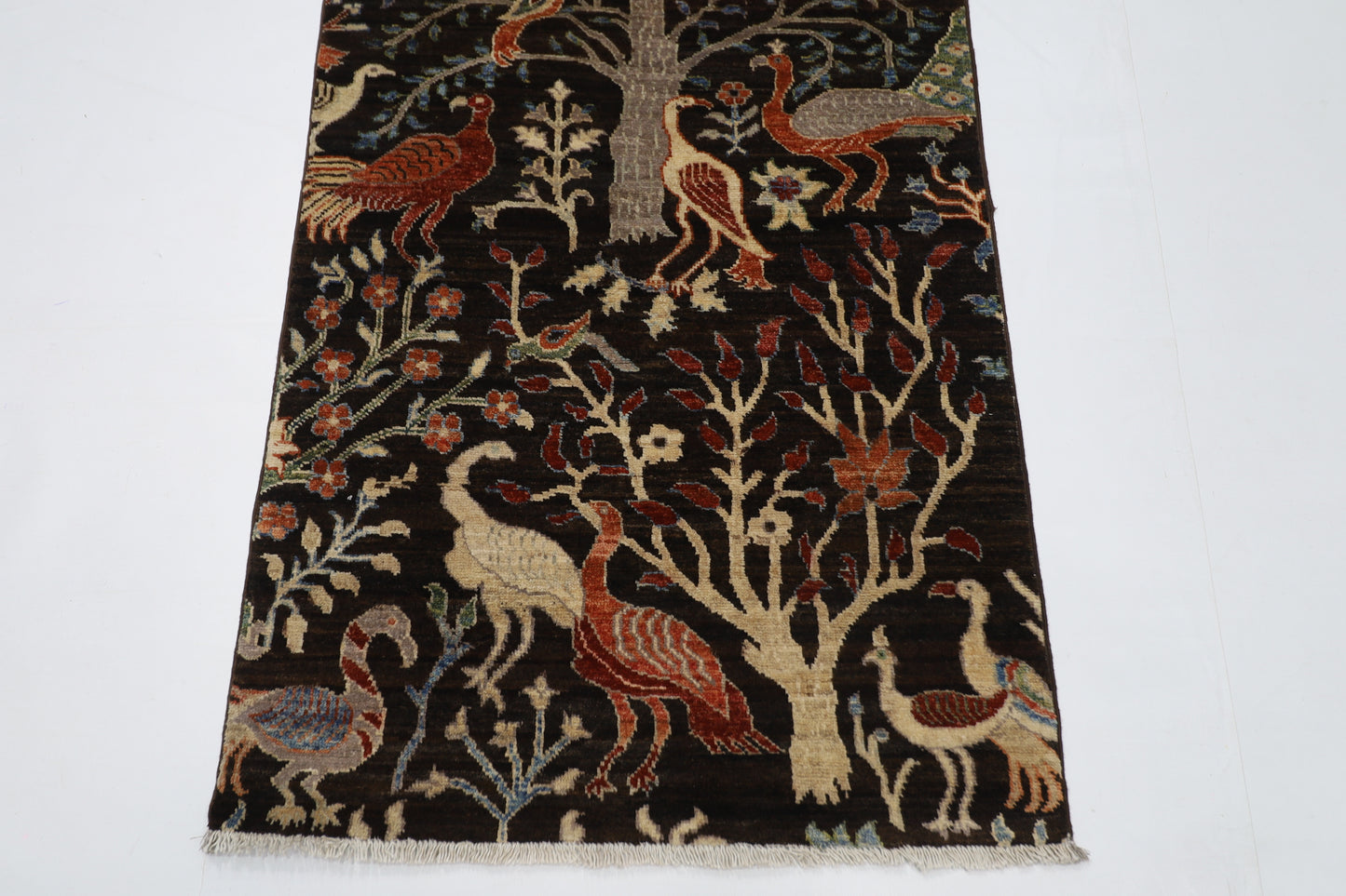 82 x 299 cm | Birds Black Runner Rug Afghan Hand Knotted veg Dye Wool carpet