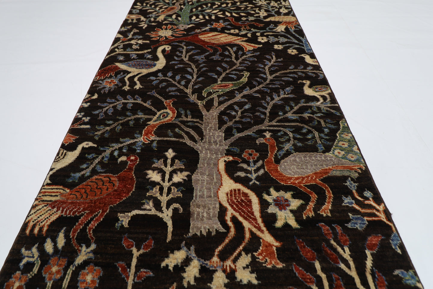 82 x 299 cm | Birds Black Runner Rug Afghan Hand Knotted veg Dye Wool carpet