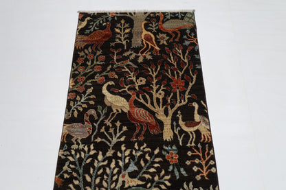 82 x 299 cm | Birds Black Runner Rug Afghan Hand Knotted veg Dye Wool carpet