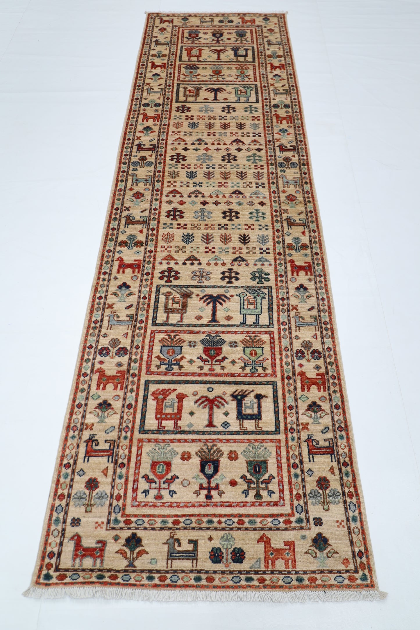 86 x 297 cm | Beige Animal Runner Rug Afghan Hand Knotted veg Dye Wool carpet